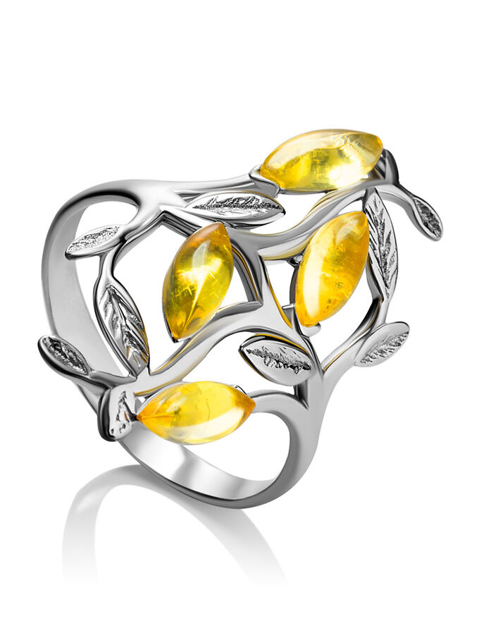 amberholl Изящное ажурное кольцо из серебра и лимонного янтаря «Тропиканка»