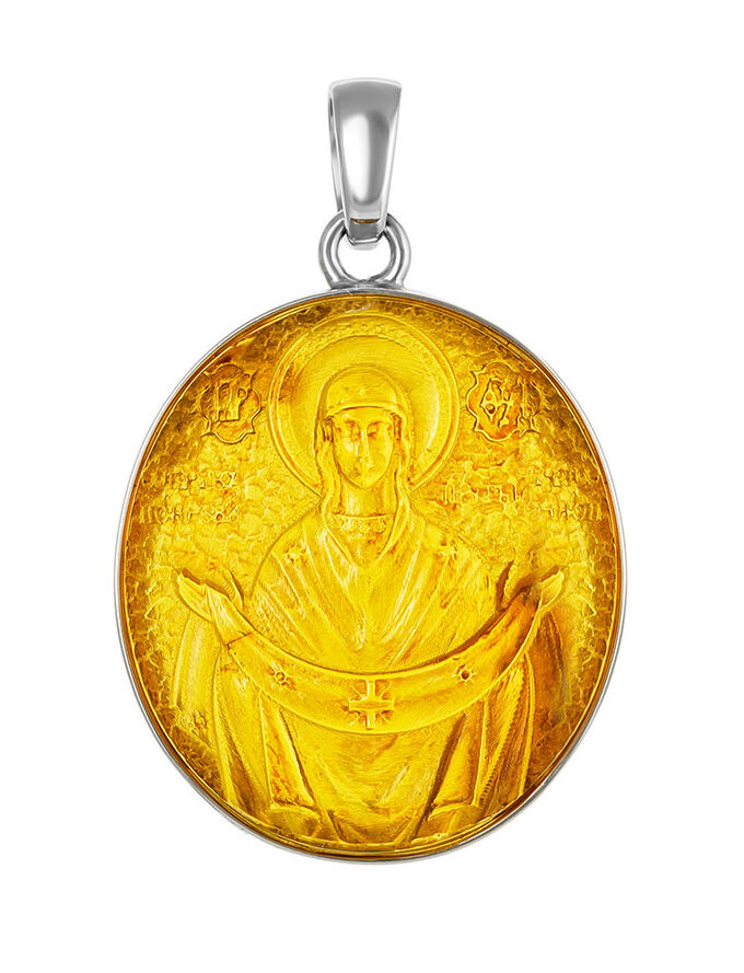 Овальный медальон из натурального янтаря лимонного цвета в серебре «Богоматерь Покрова», 009201064