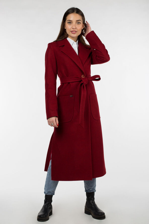 01-09405 Пальто женское демисезонное (пояс) валяная шерсть Красно-коричневый