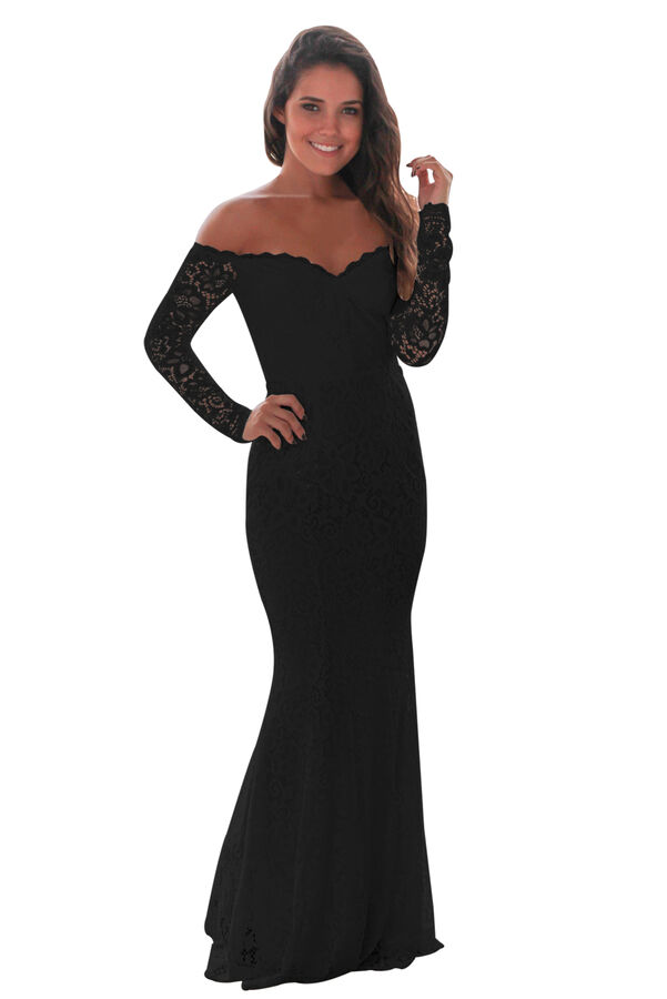 Черное кружевное платье-русалка со спущенными рукавами