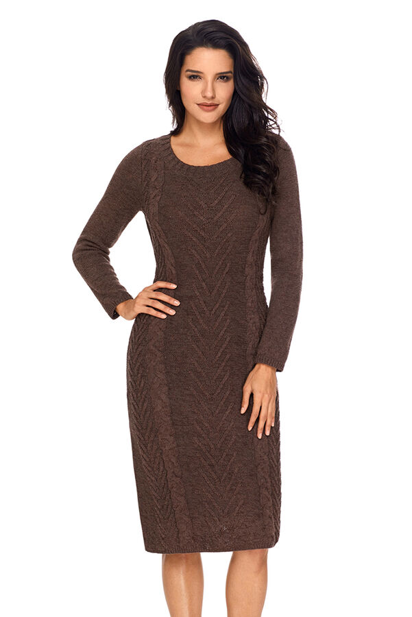 Кофейное вязаное платье-свитер с круглым вырезом