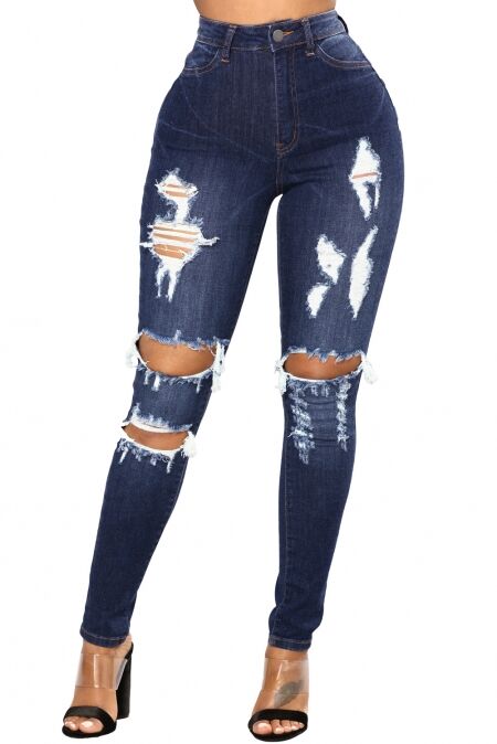 Темно-синие джинсы-скинни с потертостями и разрезами