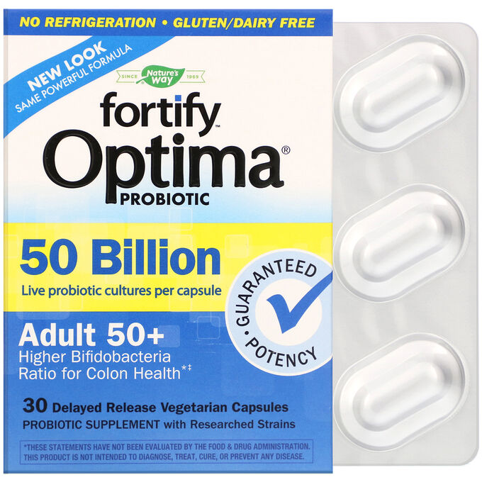 Nature&#039;s Way, Пробиотик Fortify Optima, для взрослых от 50 лет, 50 миллиардов, 30 вегетарианских капсул с отсроченным высвобождением