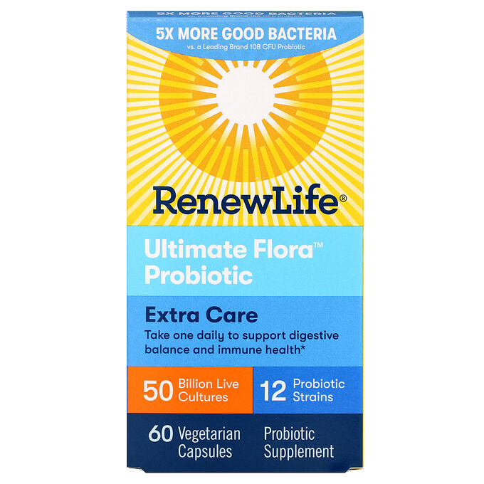 Renew Life, Ultimate Flora, пробиотики максимального действия, 50 млрд живых культур, 60 вегетарианских капсул