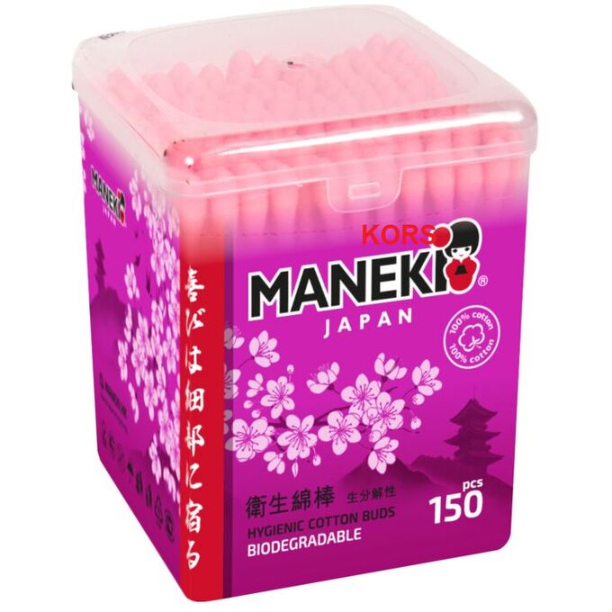 Палочки ватные гигиен. &quot;Maneki&quot; SAKURA, с розов. бумаж. стиком, в пласт. кор., термопленка, 150 шт./упак