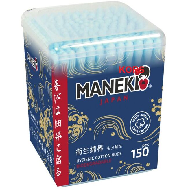 Палочки ватные гигиен. &quot;Maneki&quot; OCEAN, с голуб. бумаж. стиком, в пласт. кор., термопленка, 150 шт./упак