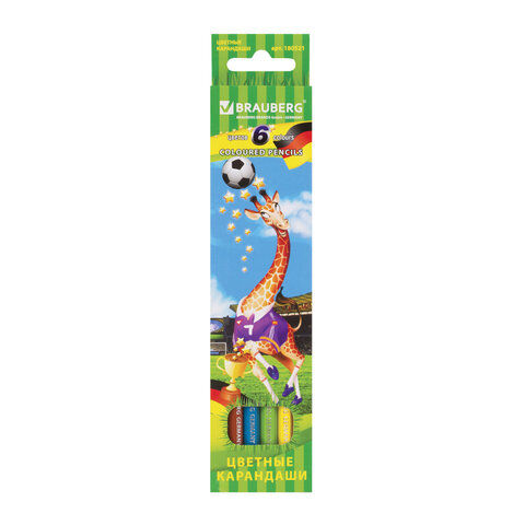 Карандаши цветные BRAUBERG &quot;Football match&quot;, 6 цветов, заточенные, картонная упаковка, 180521