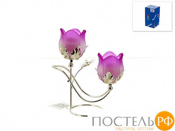Подсвечник декоративный для 2-х свечей &quot;Сиреневый цветок&quot; 16*7,5*18см.  (металл, стекло) (подарочная упаковка) Код: 4210304