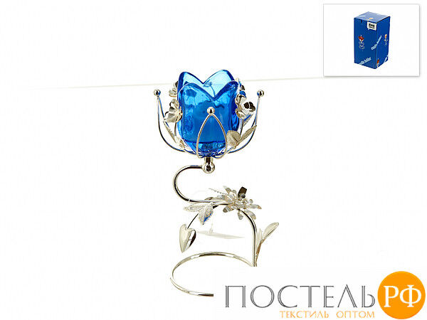 Подсвечник декоративный для 1-й свечи &quot;Синий цветок&quot; 10*9*18см.  (металл, стекло) (подарочная упаковка) Код: 4210306