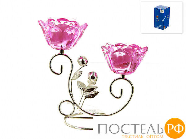 Подсвечник декоративный для 2-х свечей &quot;Розовый цветок&quot; 18*9*17,5см.  (металл, стекло) (подарочная упаковка) Код: 4210319