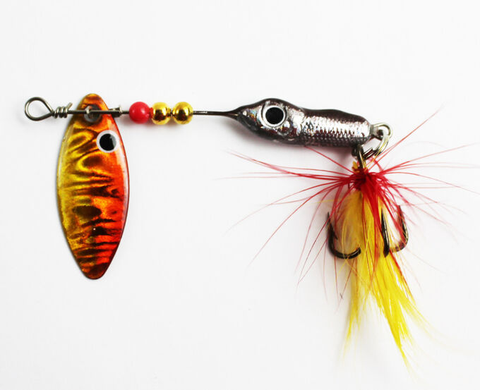 Блесна-вертушка №4 JpF (8гр, рыбка, лепесток красно-желтый голография, перо красно-желтое)