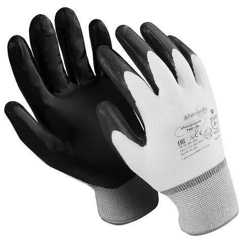 Перчатки нейлоновые MANIPULA &quot;Микронит&quot;, нитриловое покрытие (облив), размер 10 (XL), белые/черные, TNI-14
