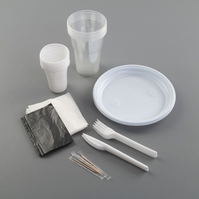 Набор одноразовой посуды «Шашлычный №1», 6 персон, цвет белый, чёрный