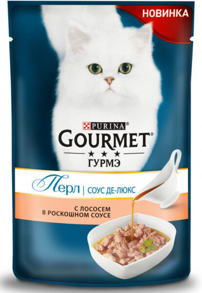 Gourmet Perle Соус Де-люкс влажный корм для кошек Лосось в роскошном соусе 85гр пауч
