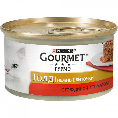 Gourmet Gold влажный корм для кошек Нежные биточки с говядиной и томатом 85гр консервы АКЦИЯ!