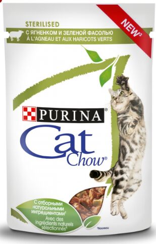 Cat Chow влажный корм Ягненок+зеленая фасоль в соусе для стерилизованных кошек 85гр пауч