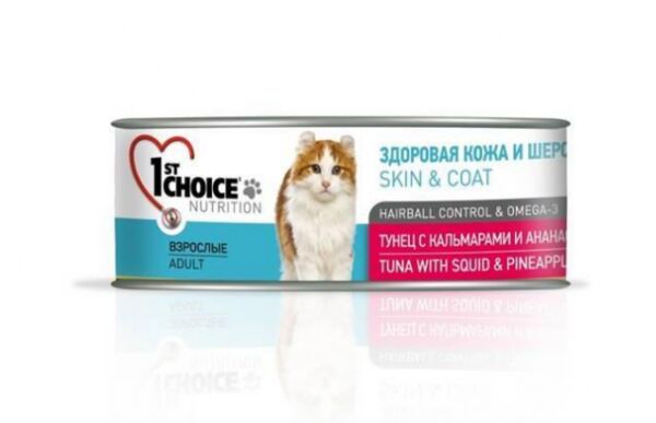1&#039;st Choice Skin&amp;Coat Adult влажный корм для кошек Тунец с Кальмаром и Ананасом 85гр консервы