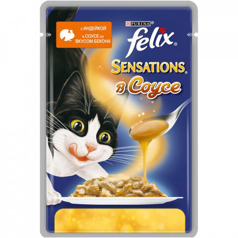 Felix Sensations влажный корм для кошек Индейка+Бекон соус 85гр пауч АКЦИЯ!