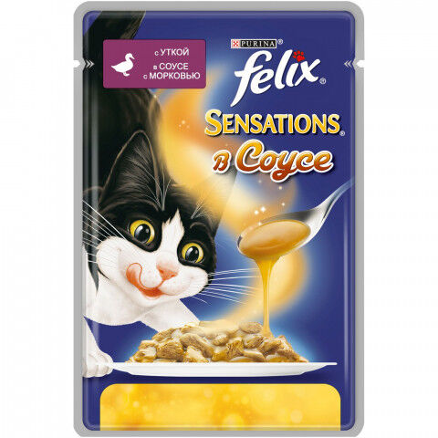 Felix Sensations влажный корм для кошек Утка+Морковь соус 85гр пауч АКЦИЯ!
