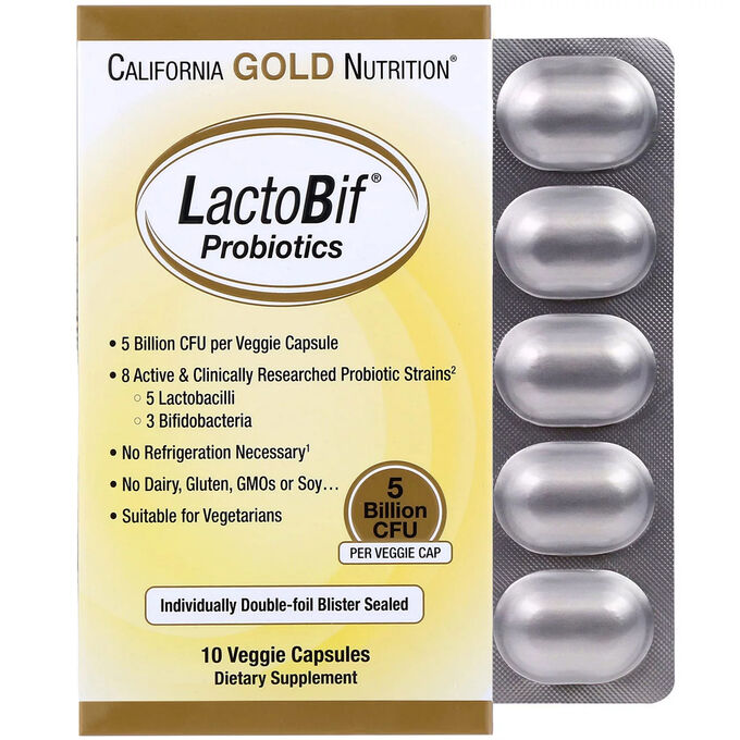 California Gold Nutrition, LactoBif, пробиотики, 5 млрд КОЕ, 10 растительных капсул