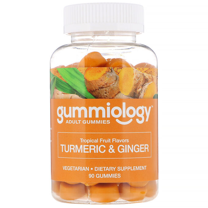 Gummiology, Жевательные таблетки для взрослых с куркумой и имбирем, вкус тропических фруктов, 90 растительных жевательных таблеток