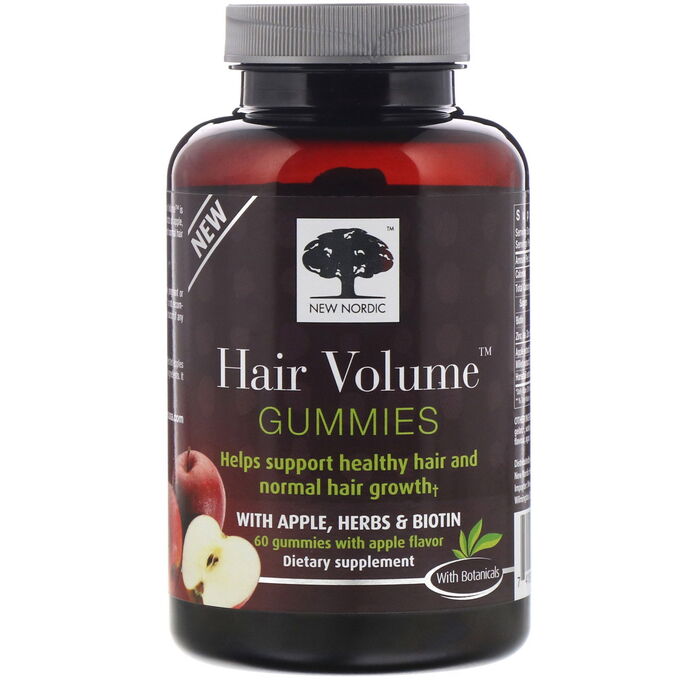 New Nordic, Hair Volume, жевательные таблетки для густоты волос с яблоком, травами и биотином, яблочный вкус, 60 жевательных таблеток