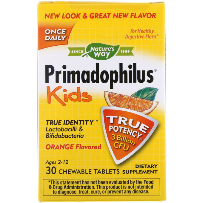 Nature&amp;#x27 - s Way, Primadophilus, для детей, со вкусом апельсина, 3 млрд КОЕ, 30 жевательных таблеток