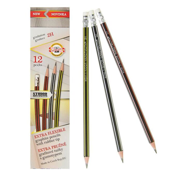 Набор карандашей чернографитных 12 штук 2.0 мм, Koh-I-Noor 1397, 2H, сверхгибкие, ластик, L=189 мм