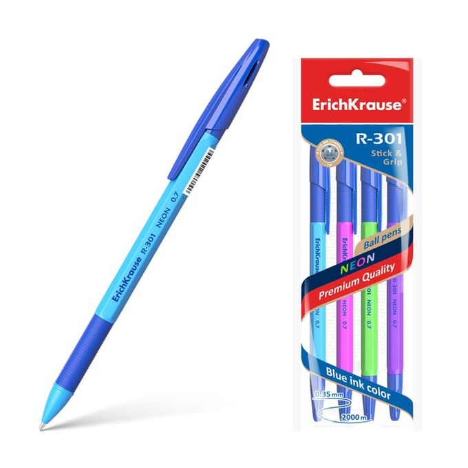 ERICH KRAUSE Набор ручек шариковых 4 штуки R-301 Neon Stick &amp; Grip, узел 0.7 мм, чернила синие, резиновый упор, длина линии письма 1000 метров, европодвес
