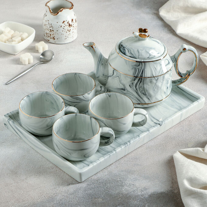 Набор чайный «Мрамор», 5 предметов: чайник 800 мл, 4 кружки 170 мл, подставка 31*21 см, цвет синий