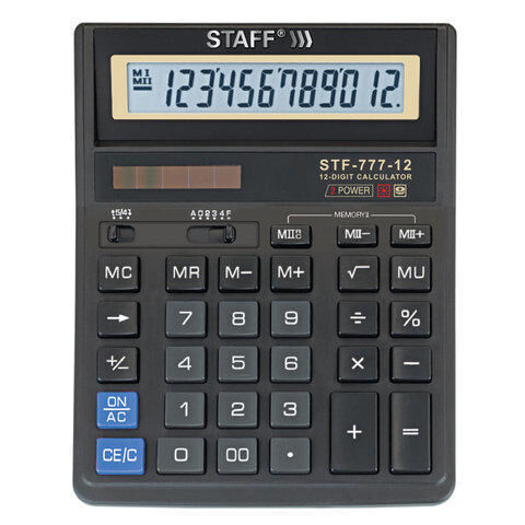 Калькулятор настольный STAFF STF-777, 12 разрядов, двойное питание, 210x165 мм, ЧЕРНЫЙ