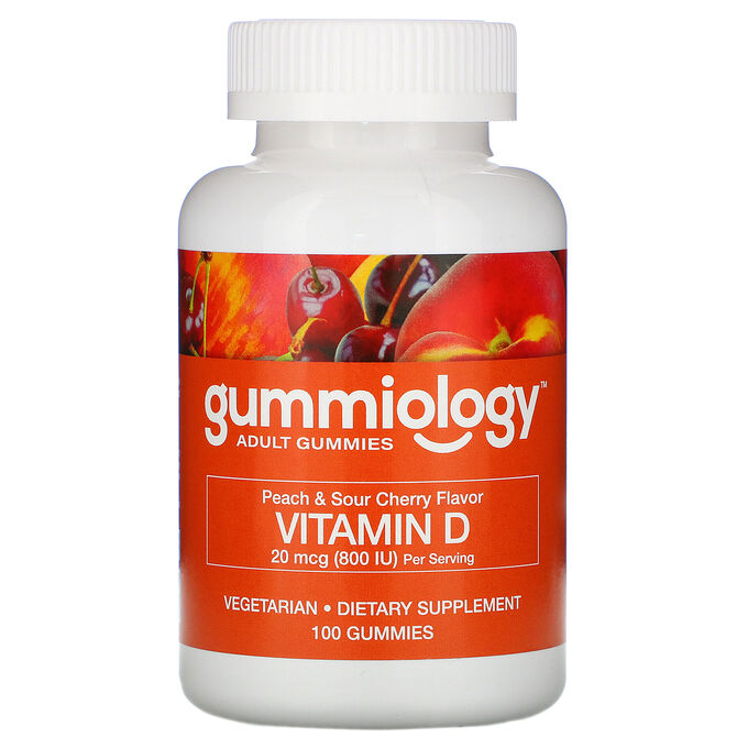 Gummiology, жевательные таблетки с витамином D3 для взрослых, натуральный вкус персика и вишни, 100 вегетарианских жевательных таблеток