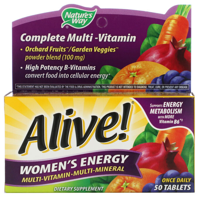 Nature&#039;s Way, Alive! Комплекс мультивитаминов и мультиминералов для пополнения запаса энергии женщин, 50 таблеток