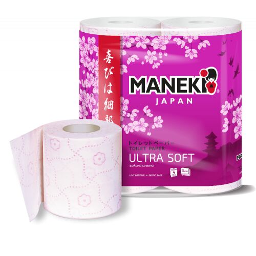 Бумага туалетная &quot;Maneki&quot; SAKURA 3 слоя, 167 л., 23 м, с роз. тиснением и ароматом cакуры, 4 р/упак