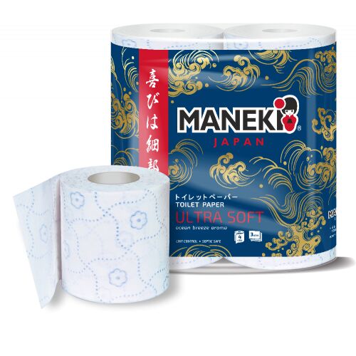 Бумага туалетная &quot;Maneki&quot; OCEAN 3 слоя, 167 л., 23 м, с гол.тиснением и ароматом бриза океана, 4 р/уп