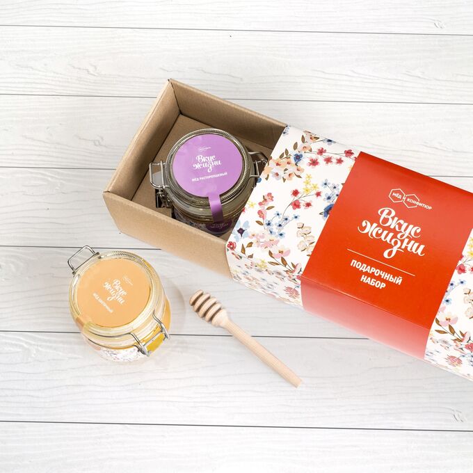 Подарочный набор Вкус Жизни мёд цветочный, расторопшевый бугель и ложечка медовая