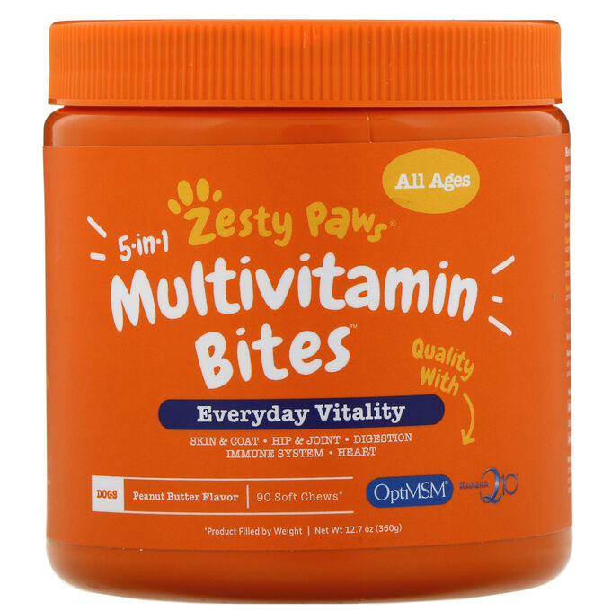 Zesty Paws, 5-in-1 Multivitamin Bites, добавка для собак с ароматизатором «Арахисовая паста», 90 мягких жевательных таблеток