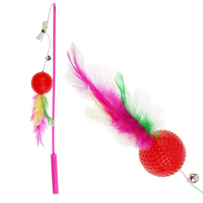 Дразнилка-удочка с легким шариком и перьями, длина ручки 36,5 см, микс цветов