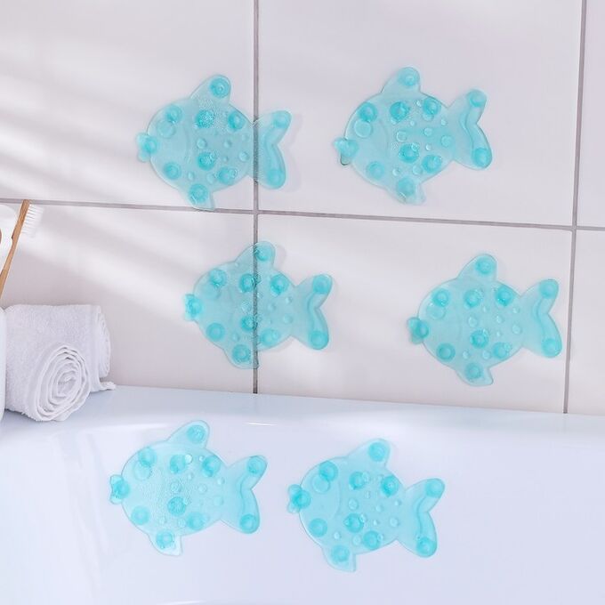 Набор мини-ковриков для ванны на присосках Доляна «Рыбка», 11x12 см, 6 шт, цвет МИКС
