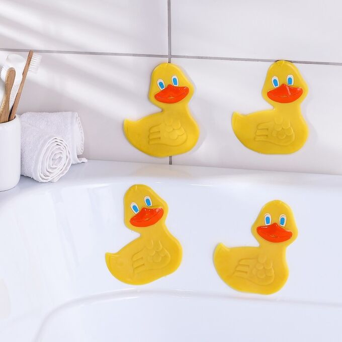 Набор мини-ковриков для ванны Доляна «Утёнок», 11?12 см, 4 шт, цвет жёлтый