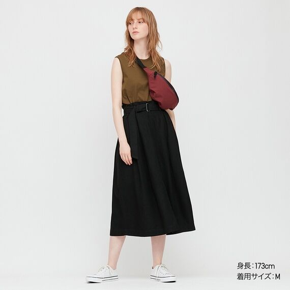 Длинная юбка с поясом из льна (длина 79,5-83,5 см), черный