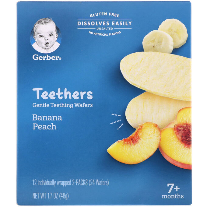 Gerber, Teethers, мягкие вафли для прорезывания зубов, 7+ месяцев, банановый персик, 24 вафли, 1,7 унции (48 г)