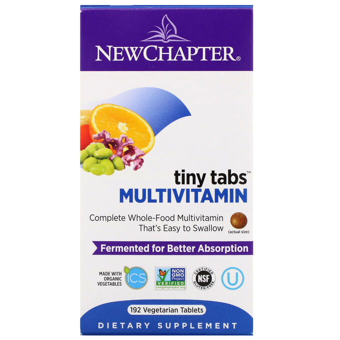 New Chapter, Multivitamin Tiny Tabs, полный витаминный комплекс на основе цельных продуктов, 192 вегетарианских таблетки