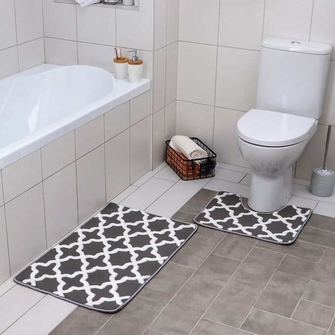Набор ковриков для ванны и туалета  «Трафарет», 2 шт: 40?50, 50?80 см, цвет серый