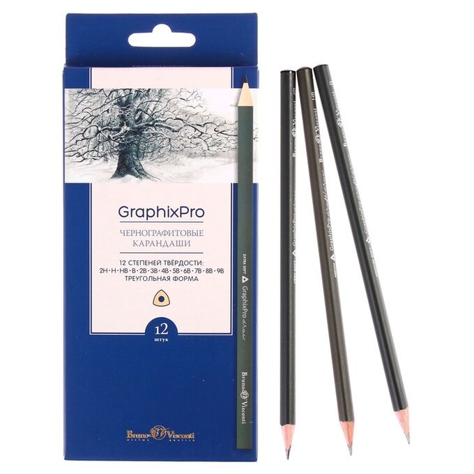 Bruno Visconti Набор карандашей чернографитных 3 мм разной твердости Graphixpro 12 штук, 2H-9B, трехгранные, в картонной коробке