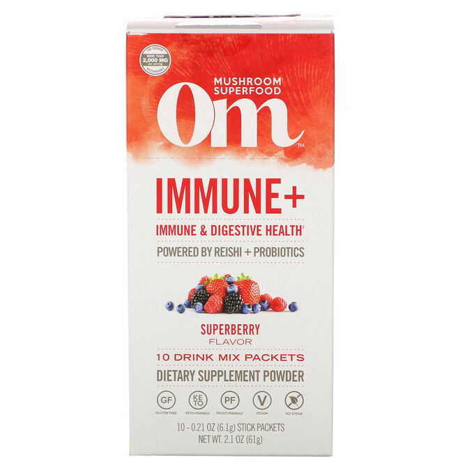 Om Mushrooms, Immune+, Immune &amp; Digestive Health, Superberry, 10 Packets, 0.21 oz (6.1 g) Each