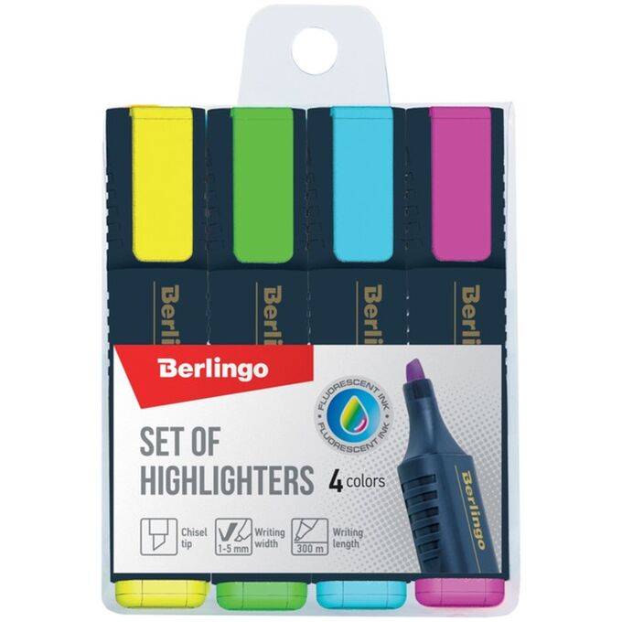 маркеров-текстовыделителей 4 цвета, Berlingo 5.0 мм, европодвес .
