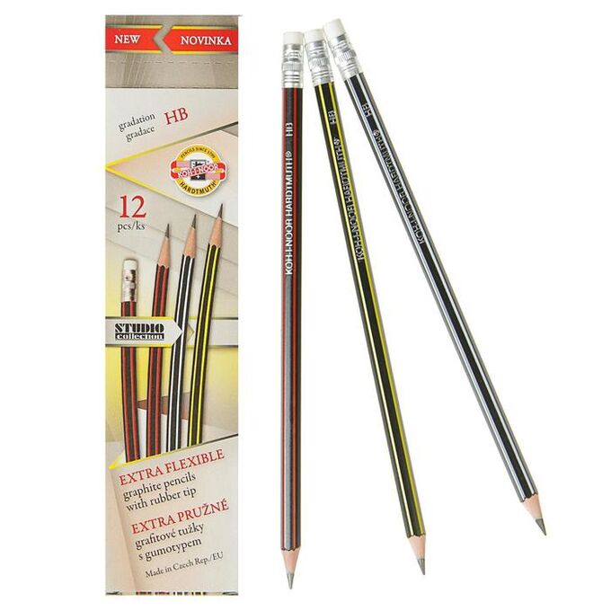 Набор карандашей чернографитных 12 штук 2.0 мм, Koh-I-Noor 1397, HB, сверхгибкие, ластик, L=189 мм