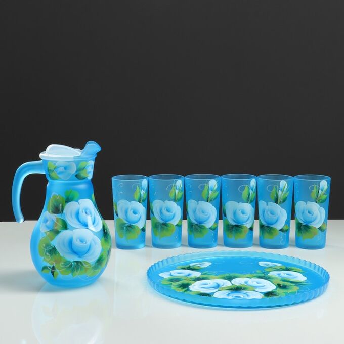 Набор для сока с подносом &quot;Розы&quot; художественная роспись, 6 стаканов 1250/200 мл, синий