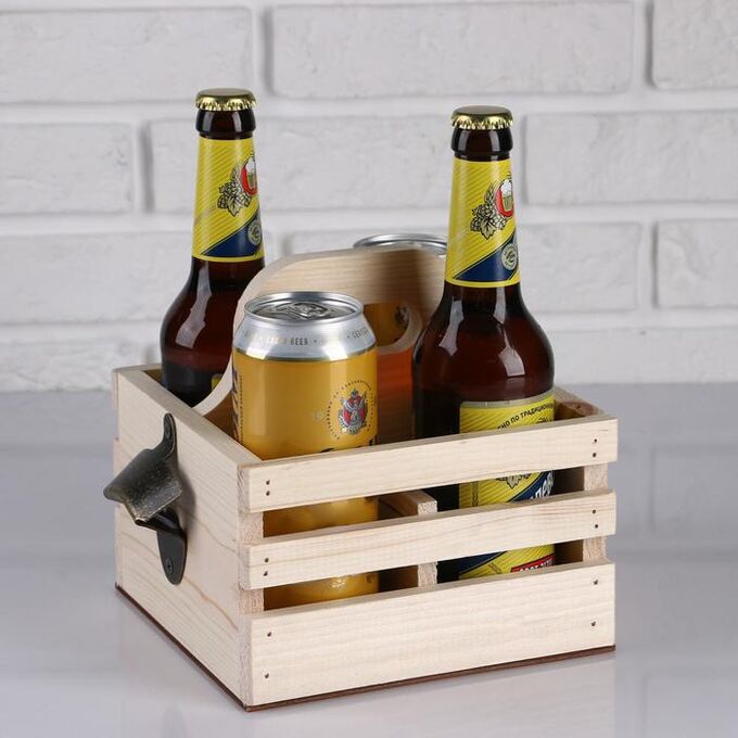 Дарим красиво Ящик для пива 19x18x18.5 см с открывашкой, под 4 бутылки, деревянный